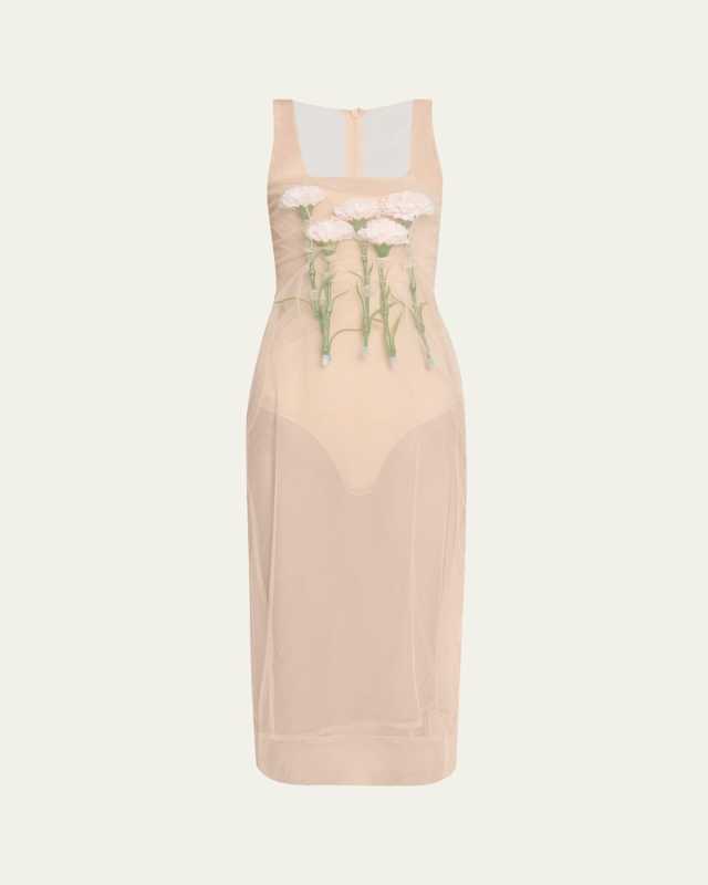 Stuffed Carnation Square Neck Sheer Midi Dress